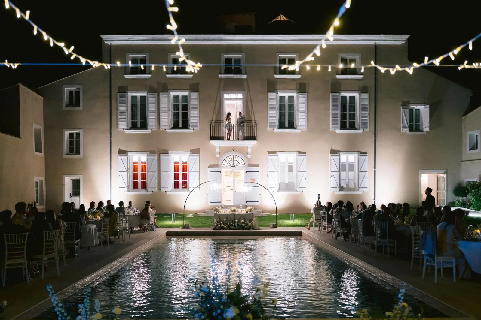 Night reception at Château de l'Insolas — Pool & fairy lights